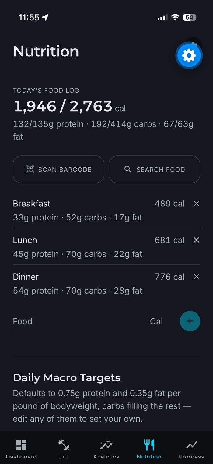 Iron Log nutrition screen with a food log, barcode scan and search, and macro totals